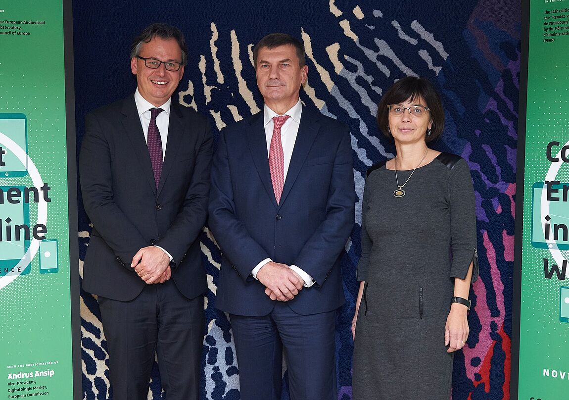 Christophe Geiger (CEIPI), Andrus Ansip (Commission européenne en charge du marché numérique unique) et Susanne Nikoltchev (Observatoire européen de l'audiovisuel)